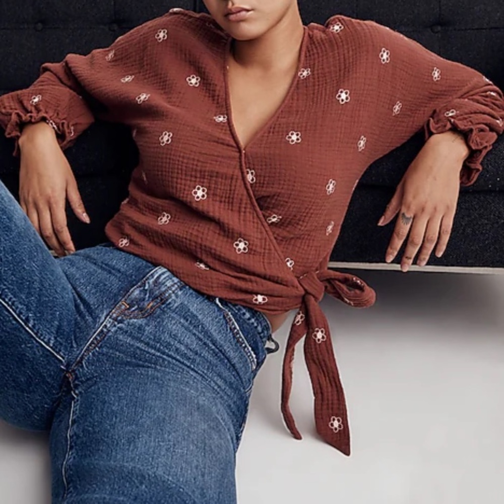 (A8) Madewell Lightspun Maira Wrap Top Embroidered Floral Long Sleeve, XXS, NWT - Picture 6 of 6